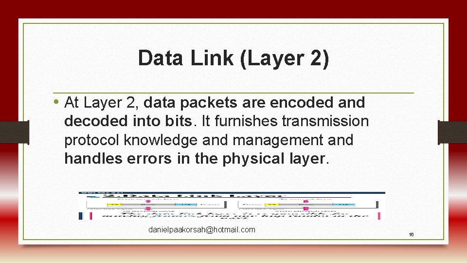 Data Link (Layer 2) • At Layer 2, data packets are encoded and decoded