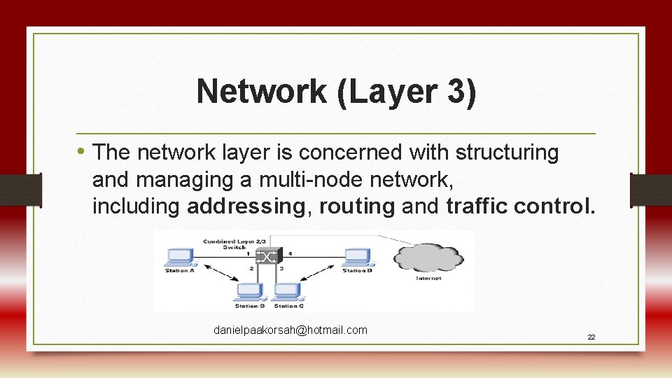 Network (Layer 3) • The network layer is concerned with structuring and managing a
