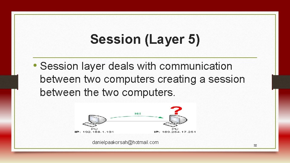 Session (Layer 5) • Session layer deals with communication between two computers creating a