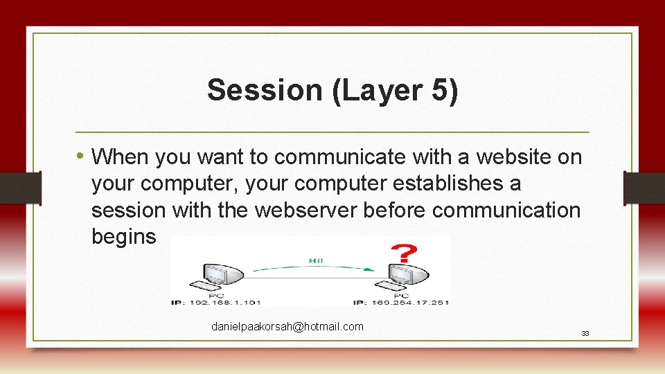 Session (Layer 5) • When you want to communicate with a website on your