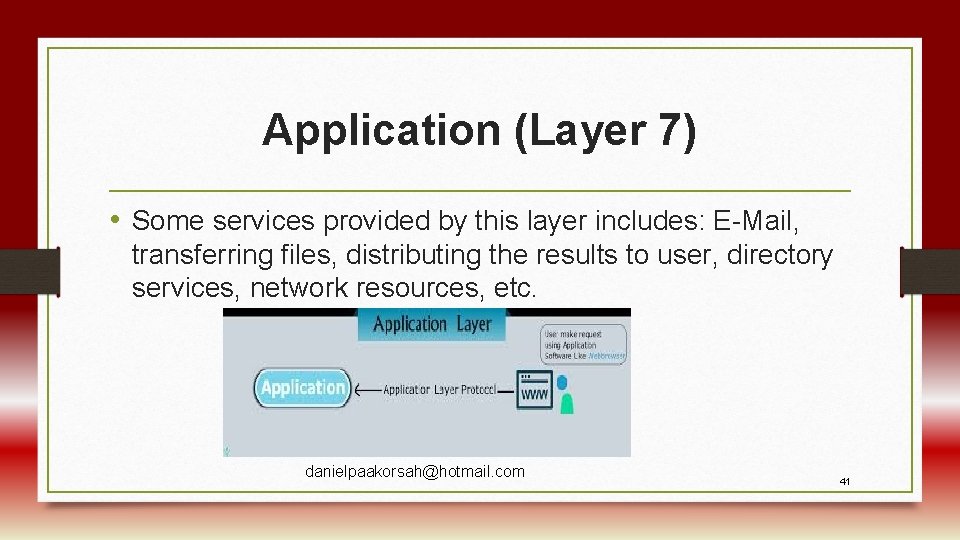 Application (Layer 7) • Some services provided by this layer includes: E-Mail, transferring files,