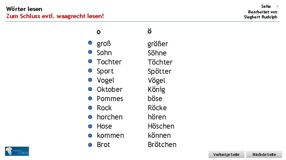 Seite 6 Bearbeitet von Siegbert Rudolph Wörter lesen Zum Schluss evtl. waagrecht lesen! o