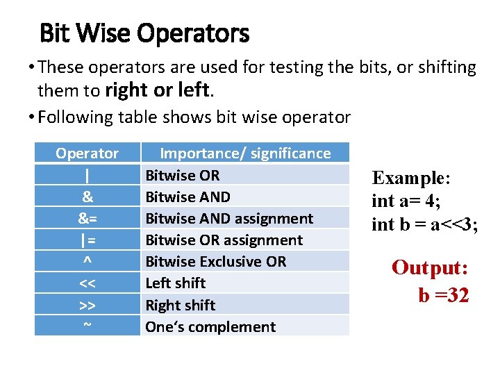 Bit Wise Operators • These operators are used for testing the bits, or shifting Bit Wise Operators • These operators are used for testing the bits, or shifting