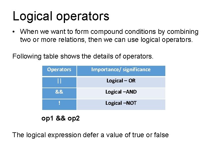 Logical operators • When we want to form compound conditions by combining two or Logical operators • When we want to form compound conditions by combining two or