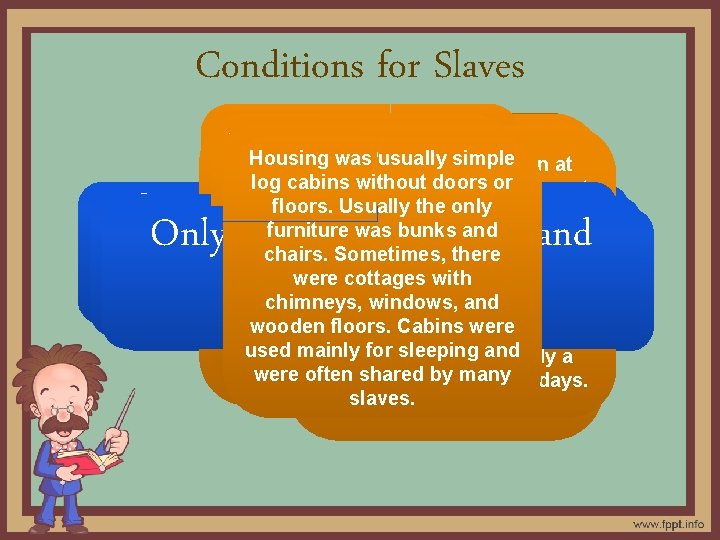 Conditions for Slaves The owner usually oversaw Slave owners punished and cotton, Other than