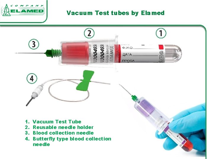 Vacuum Test tubes by Elamed 1. 2. 3. 4. Vacuum Test Tube Reusable needle