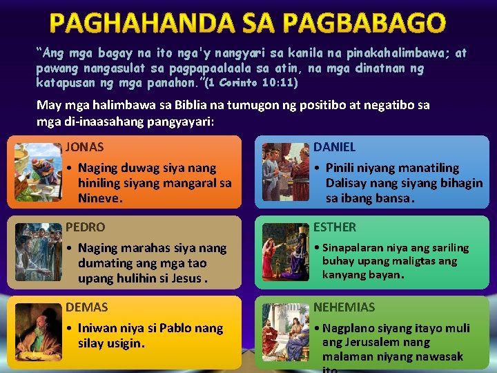 “Ang mga bagay na ito nga'y nangyari sa kanila na pinakahalimbawa; at pawang nangasulat