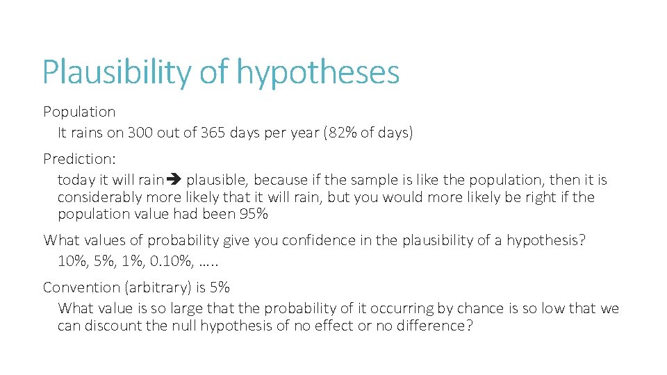Plausibility of hypotheses Population It rains on 300 out of 365 days per year