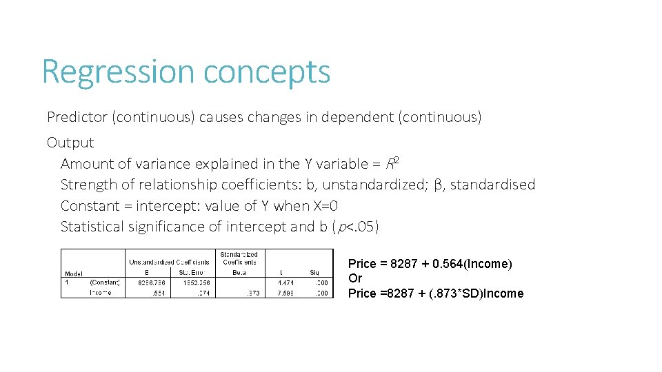 Regression concepts Predictor (continuous) causes changes in dependent (continuous) Output Amount of variance explained