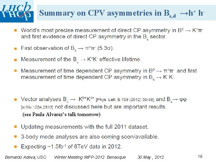 Summary on CPV asymmetries in Bs, d →h+ h- (see Paula Alvarez’s talk tomorrow)