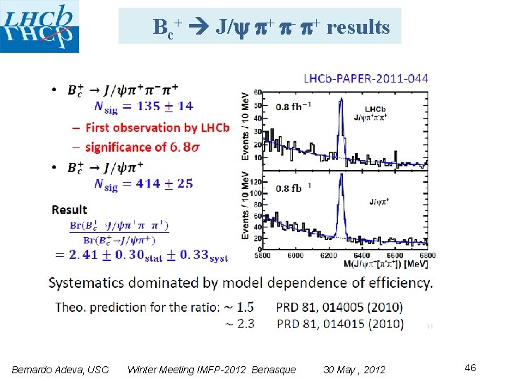 Bc+ J/ + - + results Bernardo Adeva, USC Winter Meeting IMFP-2012 Benasque 30
