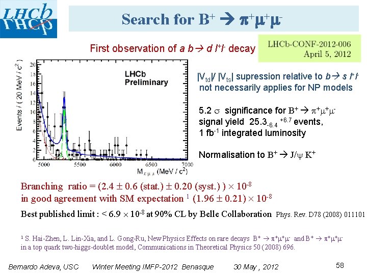 Search for B+ + + First observation of a b d l+l- decay |Vtd|/