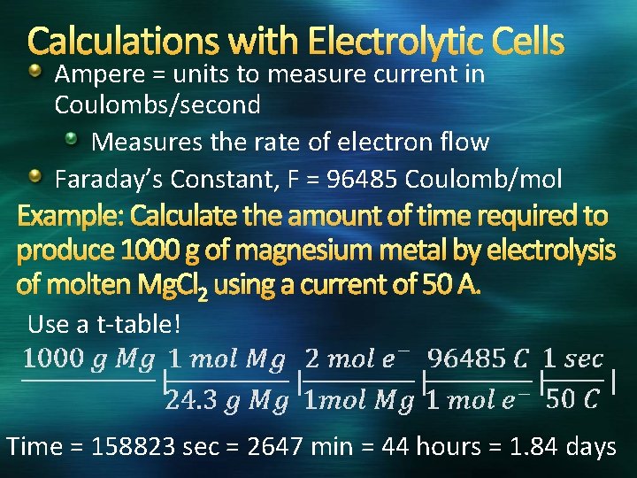 Calculations with Electrolytic Cells Ampere = units to measure current in Coulombs/second Measures the