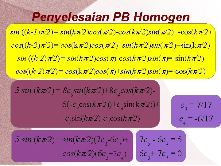 Penyelesaian PB Homogen sin ((k-1) /2)= sin(k /2)cos( /2)-cos(k /2)sin( /2)=-cos(k /2) cos((k-2) /2)=