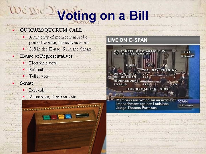 Voting on a Bill § QUORUM/QUORUM CALL § A majority of members must be