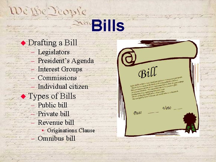 Bills u Drafting – – – a Bill Legislators President’s Agenda Interest Groups Commissions