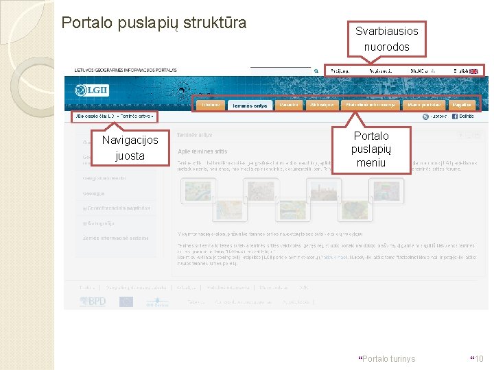 Portalo puslapių struktūra Navigacijos juosta Svarbiausios nuorodos Portalo puslapių meniu }Portalo turinys }10 