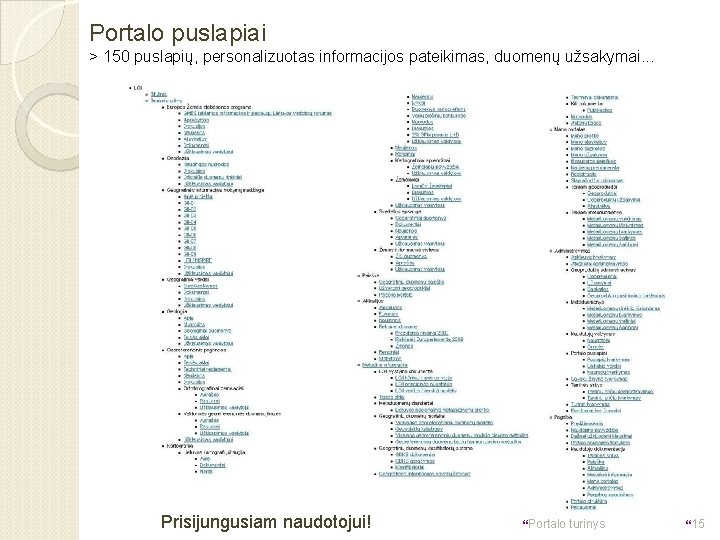 Portalo puslapiai > 150 puslapių, personalizuotas informacijos pateikimas, duomenų užsakymai. . . Prisijungusiam naudotojui!