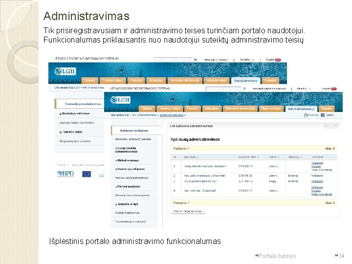 Administravimas Tik prisiregistravusiam ir administravimo teises turinčiam portalo naudotojui. Funkcionalumas priklausantis nuo naudotojui suteiktų