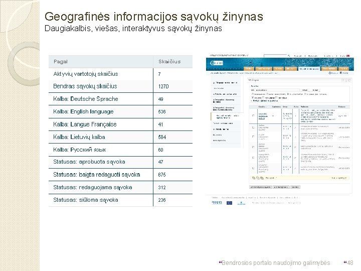 Geografinės informacijos sąvokų žinynas Daugiakalbis, viešas, interaktyvus sąvokų žinynas }Bendrosios portalo naudojimo galimybės }48