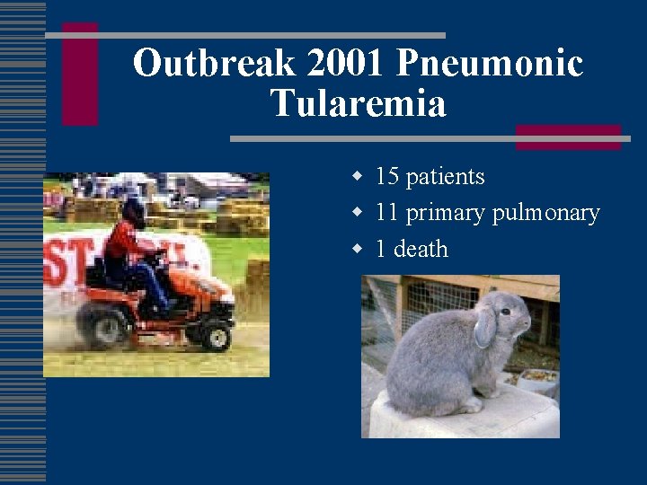 Outbreak 2001 Pneumonic Tularemia w 15 patients w 11 primary pulmonary w 1 death
