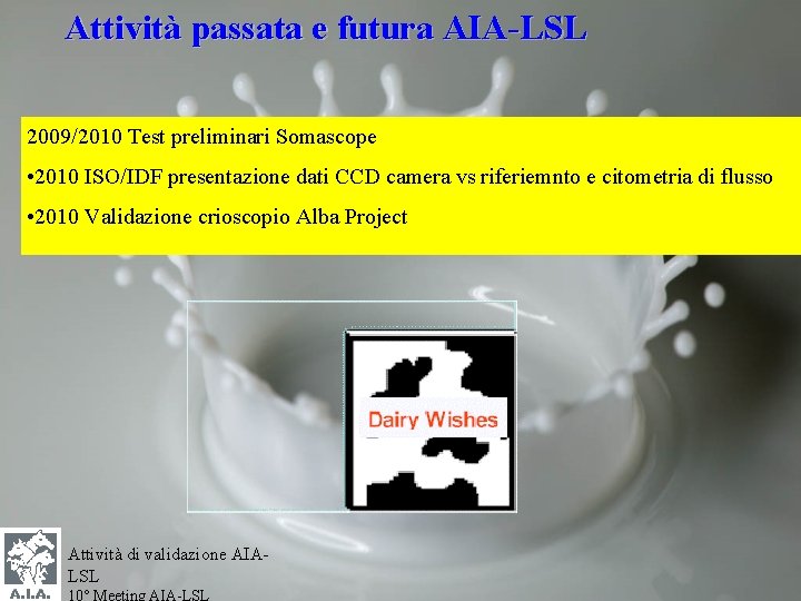 Attività passata e futura AIA-LSL 2009/2010 Test preliminari Somascope • 2010 ISO/IDF presentazione dati