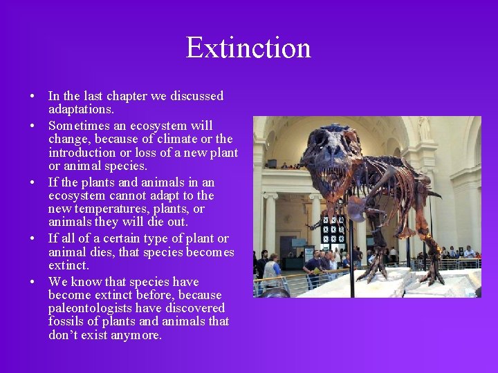 Extinction • In the last chapter we discussed adaptations. • Sometimes an ecosystem will