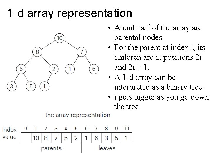 1 -d array representation • About half of the array are parental nodes. •