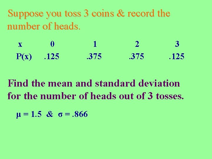 Suppose you toss 3 coins & record the number of heads. x P(x) 0.