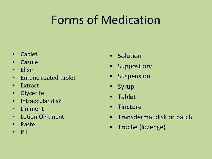 Forms of Medication • • • Caplet Casule Elixir Enteric coated tablet Extract Glycerite