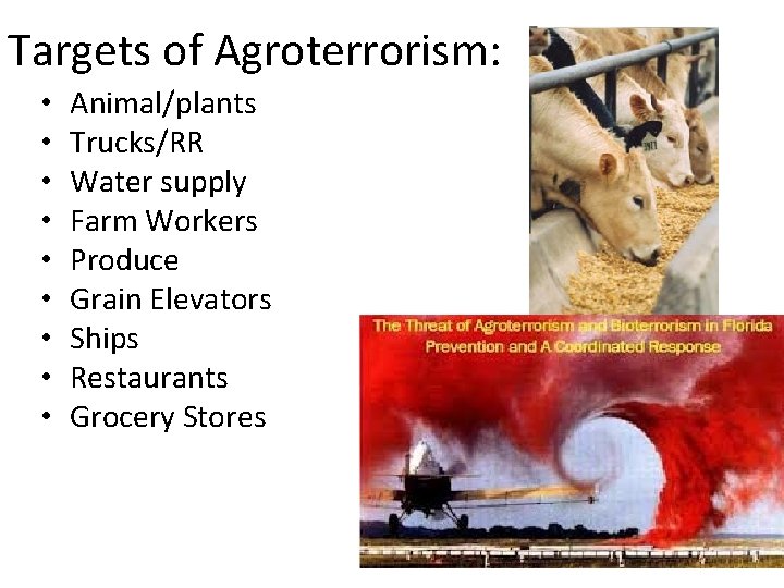 Targets of Agroterrorism: • • • Animal/plants Trucks/RR Water supply Farm Workers Produce Grain