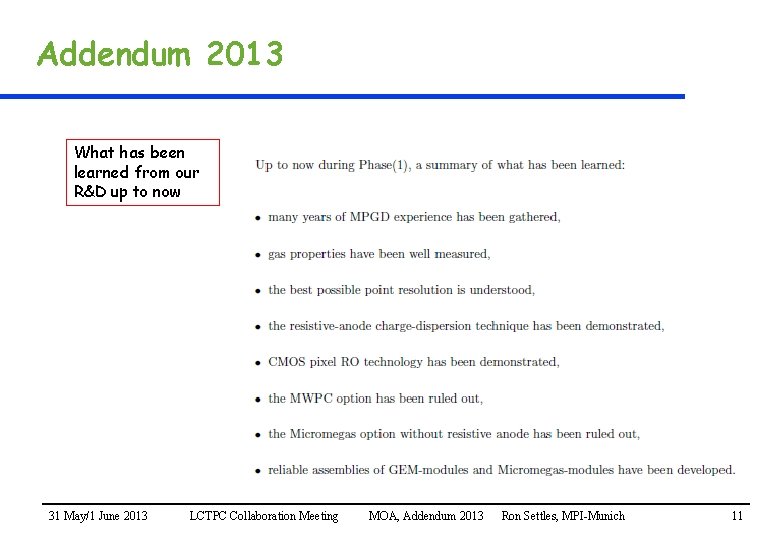 Addendum 2013 What has been learned from our R&D up to now 31 May/1