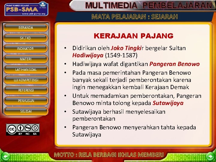 MULTIMEDIA PEMBELAJARAN MATA PELAJARAN : SEJARAH BERANDA SK / KD INDIKATOR MATERI LATIHAN SOAL