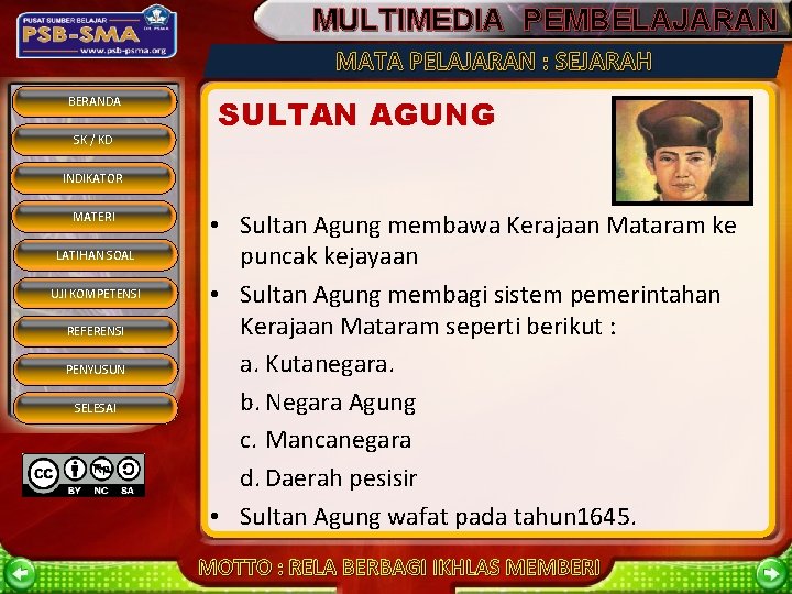 MULTIMEDIA PEMBELAJARAN MATA PELAJARAN : SEJARAH BERANDA SK / KD SULTAN AGUNG INDIKATOR MATERI