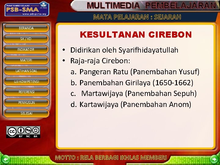 MULTIMEDIA PEMBELAJARAN MATA PELAJARAN : SEJARAH BERANDA SK / KD INDIKATOR MATERI LATIHAN SOAL