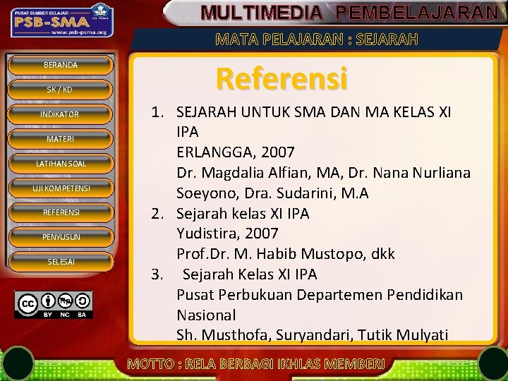 MULTIMEDIA PEMBELAJARAN MATA PELAJARAN : SEJARAH BERANDA SK / KD INDIKATOR MATERI LATIHAN SOAL