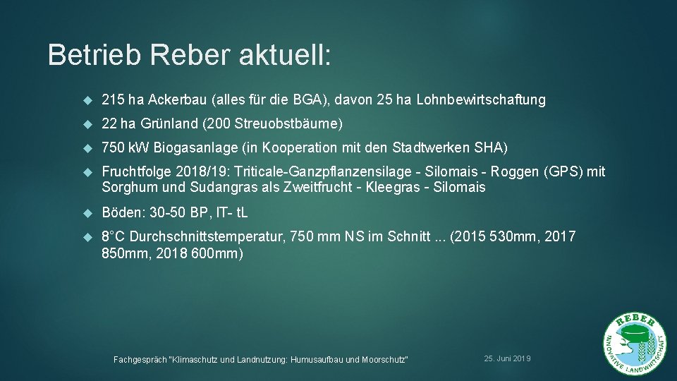 Betrieb Reber aktuell: 215 ha Ackerbau (alles für die BGA), davon 25 ha Lohnbewirtschaftung