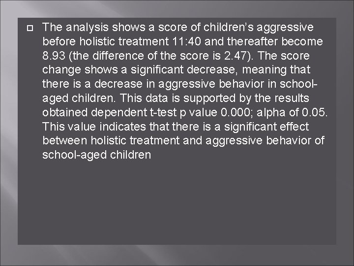  The analysis shows a score of children’s aggressive before holistic treatment 11: 40