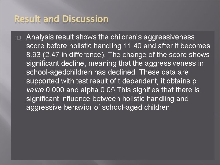 Result and Discussion Analysis result shows the children’s aggressiveness score before holistic handling 11.