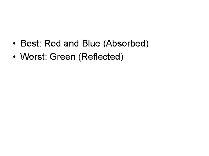  • Best: Red and Blue (Absorbed) • Worst: Green (Reflected) 
