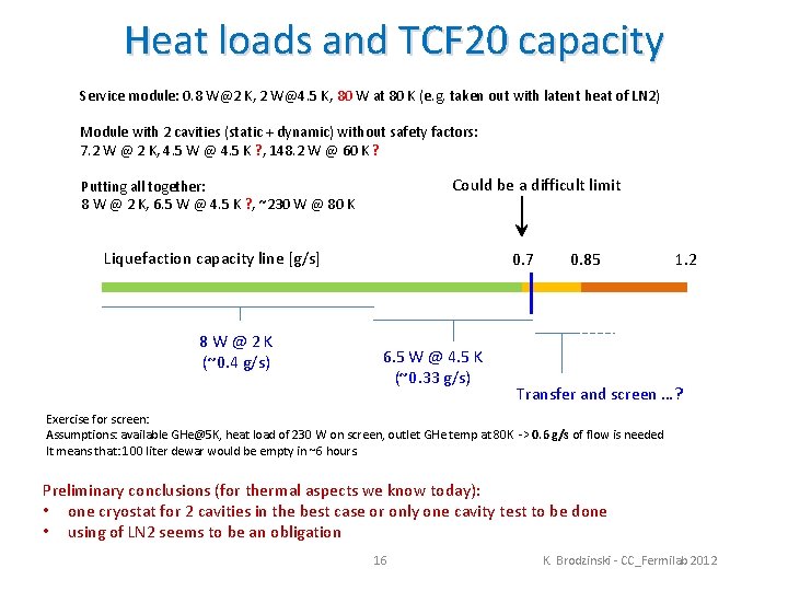Heat loads and TCF 20 capacity Service module: 0. 8 W@2 K, 2 W@4.