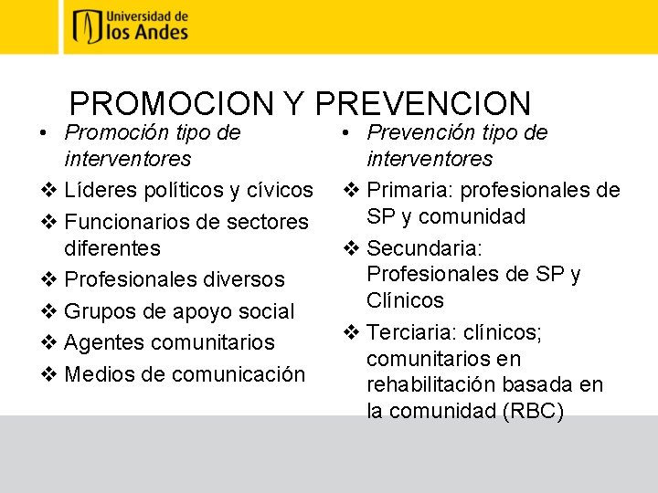 PROMOCION Y PREVENCION • Promoción tipo de interventores v Líderes políticos y cívicos v