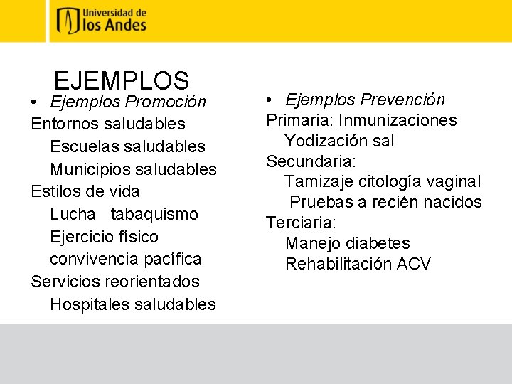 EJEMPLOS • Ejemplos Promoción Entornos saludables Escuelas saludables Municipios saludables Estilos de vida Lucha