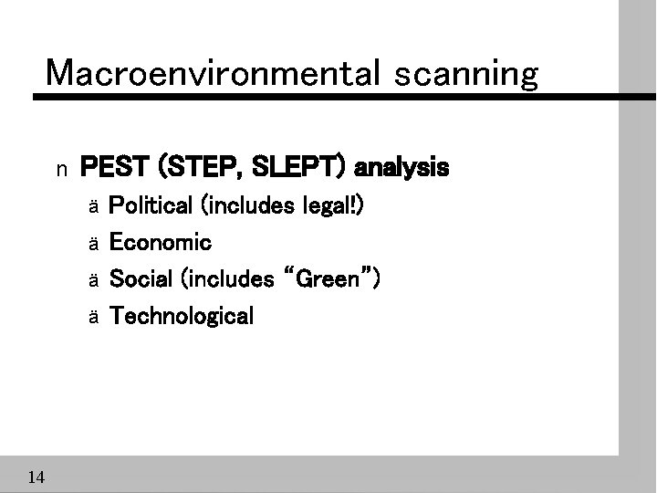 Macroenvironmental scanning n PEST (STEP, SLEPT) analysis ä ä 14 Political (includes legal!) Economic