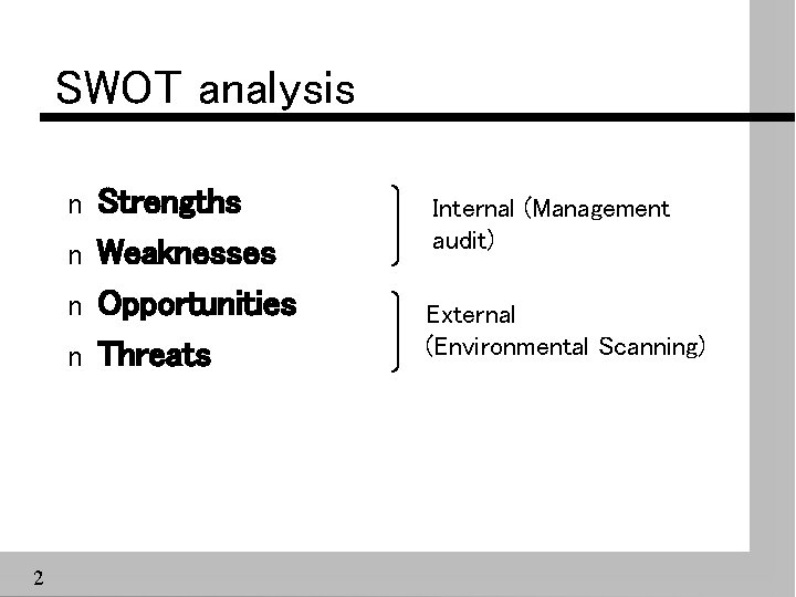 SWOT analysis n n 2 Strengths Weaknesses Opportunities Threats Internal (Management audit) External (Environmental