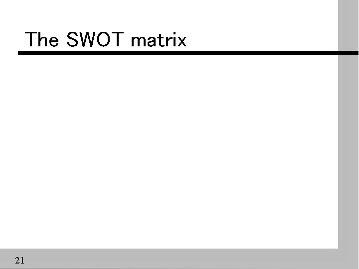 The SWOT matrix 21 