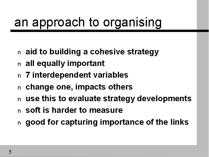 an approach to organising n n n n 5 aid to building a cohesive