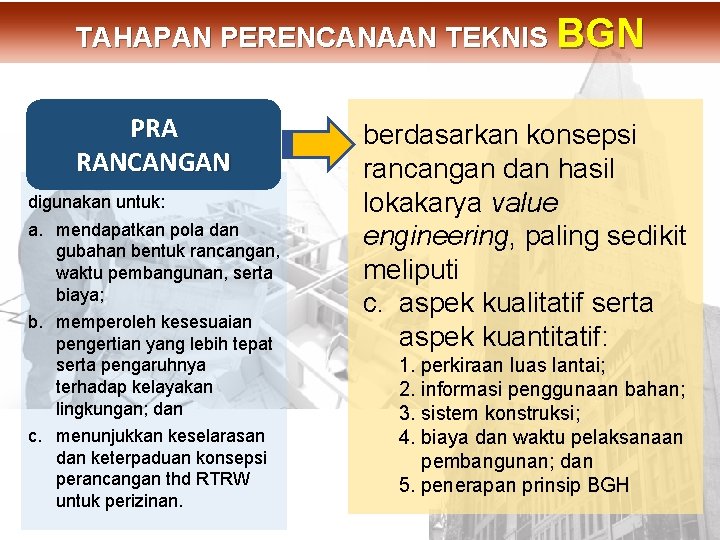 PRA RANCANGAN digunakan untuk: a. mendapatkan pola dan gubahan bentuk rancangan, waktu pembangunan, serta