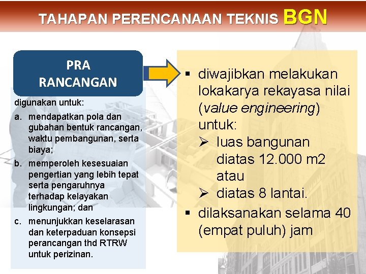 PRA RANCANGAN digunakan untuk: a. mendapatkan pola dan gubahan bentuk rancangan, waktu pembangunan, serta