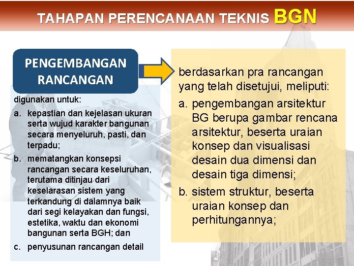 PENGEMBANGAN RANCANGAN digunakan untuk: a. kepastian dan kejelasan ukuran serta wujud karakter bangunan secara